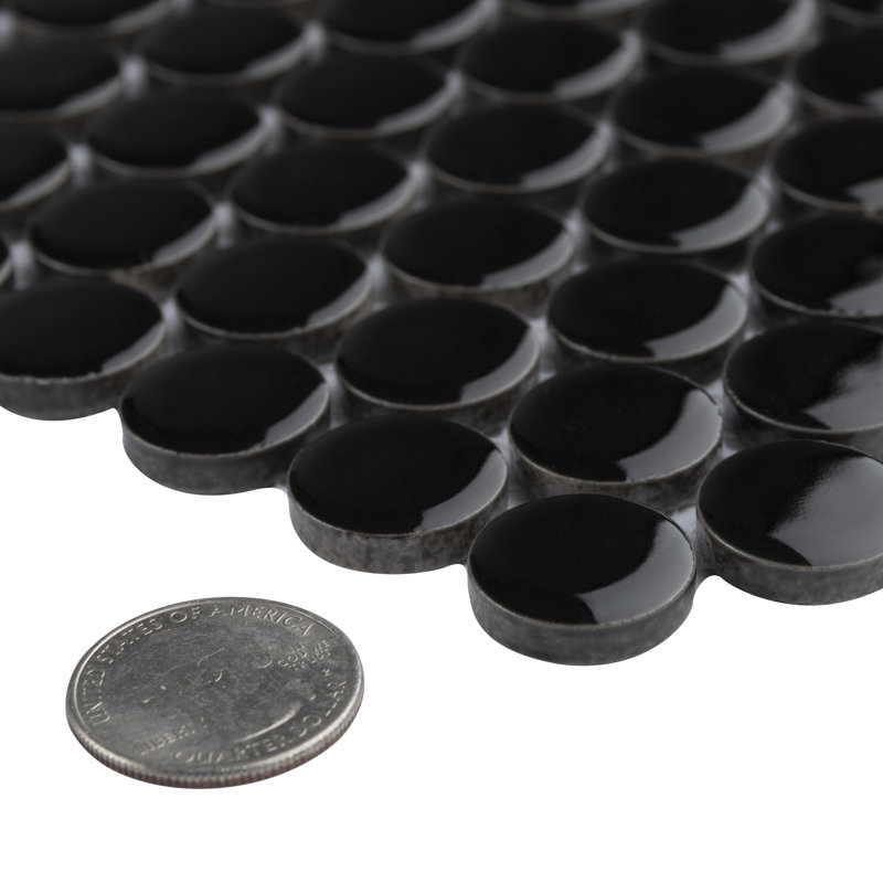 Metro Penny Glossy Black 9-3/4" x 11-1/2" Porcelain Mosaic Floor and Wall Tile