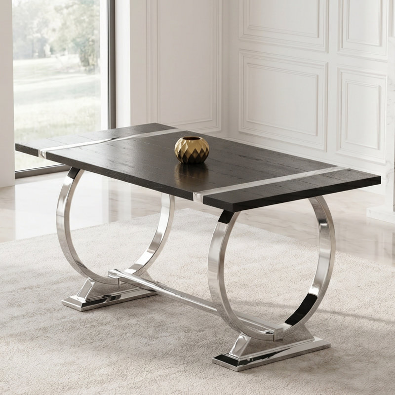 Table de salle à manger noire 60 po avec base en U chromée argentée, Argent