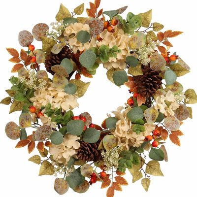 22" Fall Hydrangea Wreath with Eucalyptus, Pinecones & Orange Berries – Rustic Autumn Front Door Décor for Indoor & Outdoor Thanksgiving