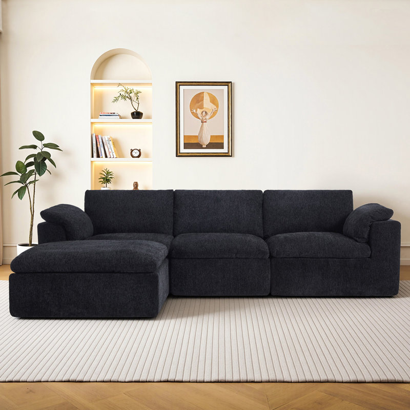 Modular Boneless Sectional Sofa, No-assembly Sectional/corner Couch, Chenille, Black, L-shape (4-seater)