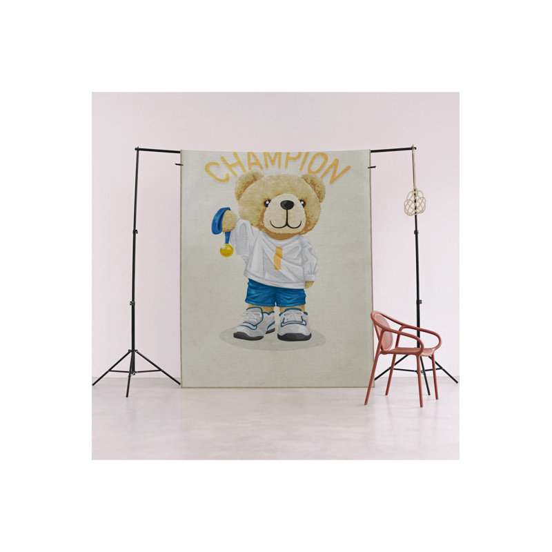 Beige Multi Color Champion Text Athlete Bear Pattern Modern Decorative Machine Washable Area Rug, Rectangle 4'7" x 6'7"