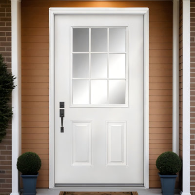 Porte d'entrée extérieure en fibre de verre moderne 9-Lite avec finition blanche grain de chêne