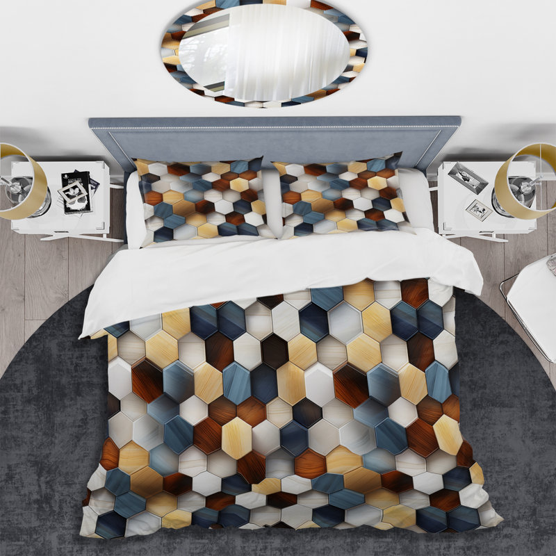 Modern Geometric Hexagon Pattern Duvet Cover Set in Orange and Grey