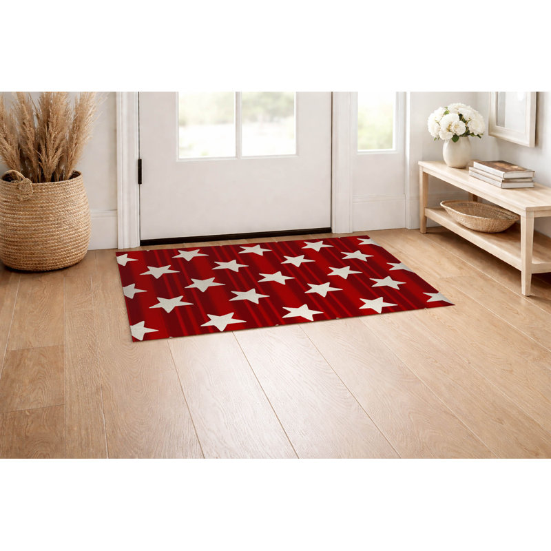 Tapis de porte décoratif rouge étoiles et rayures, Rouge, L 24 po x L 36 po