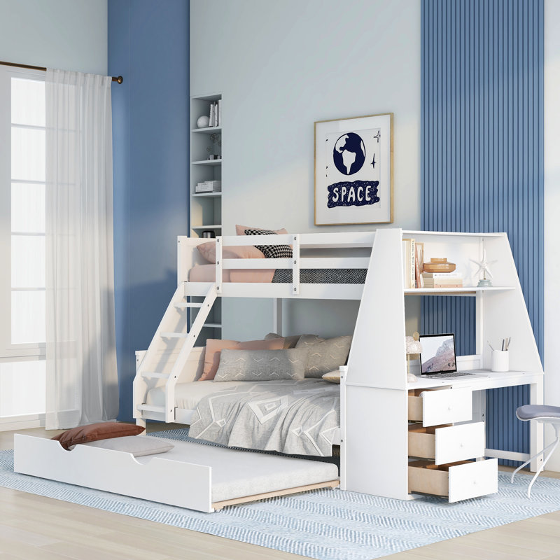 Evanghelina Bunk Bed with Trundle and Built-In Desk, White