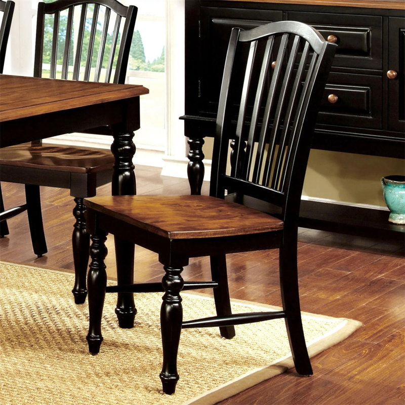 Ensemble de 2 chaises simples simples et élégantes avec siège en bois et pieds noirs tournés en chêne antique