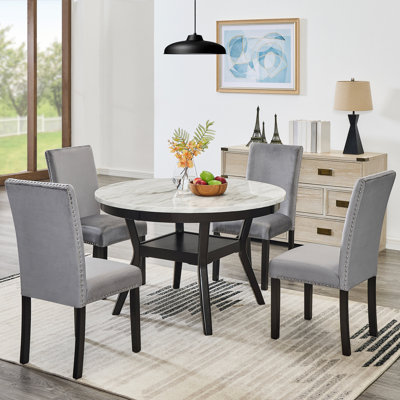 5-Piece Dining Set - Round Faux Marble Table With 4 Velvet Parsons Chairs -  Lark Manor™, D82D34DA8DCF412F8ED4D64B5F40BC17