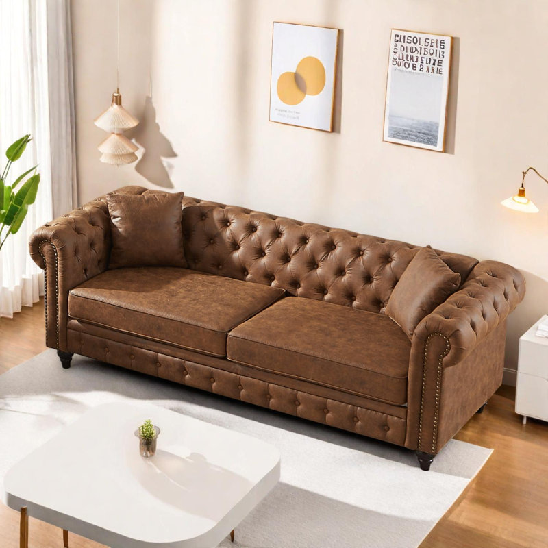 Living Room Chesterfield Sofa with Rolled Arms, Brown