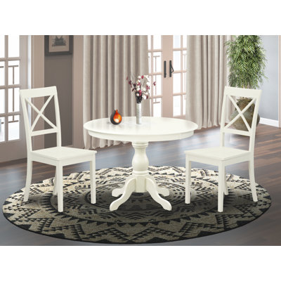 L'ensemble de table et de chaises de cuisine 3 pièces comprend une table de salle à manger ronde avec piédestal et 2 chaises de salle à manger, 42 po x 42 po, lin blanc