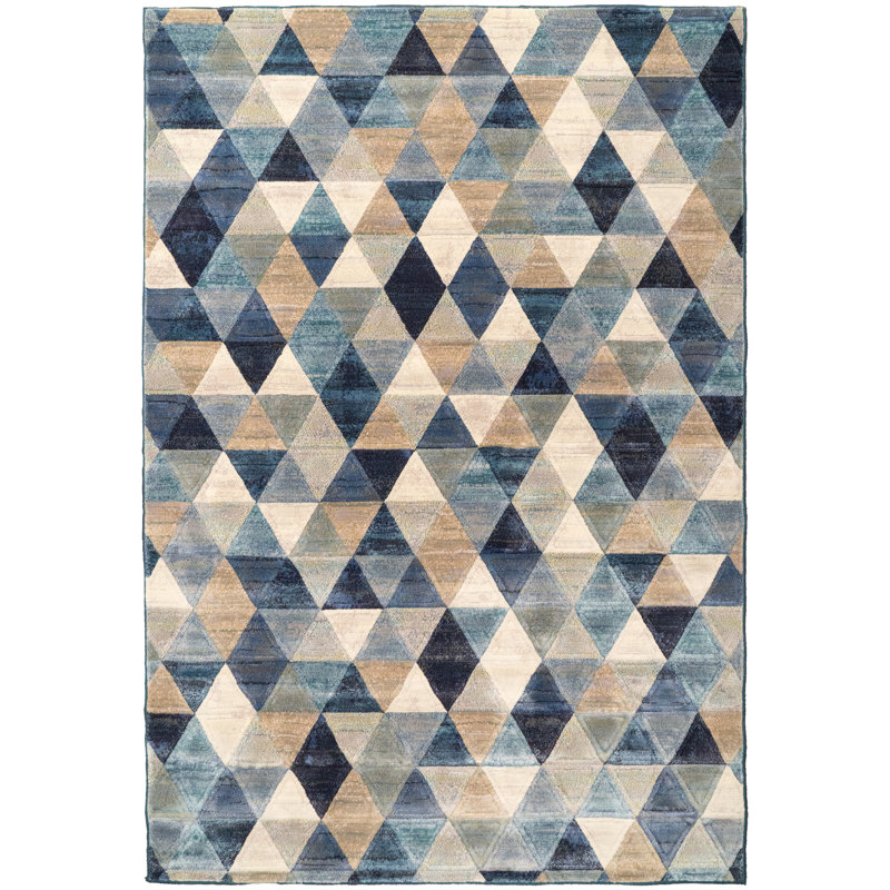 Tapis bleu à motif géométrique, Rectangle 6 pi 7 po x 9 pi 6 po