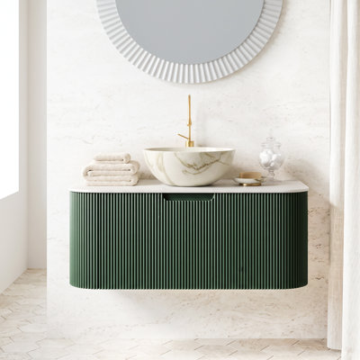 Meuble-lavabo mural simple 36 po x l 18 po x H 34 po vert foncé avec vasque en céramique blanc mat et plateau en pierre frittée blanc de Carrare