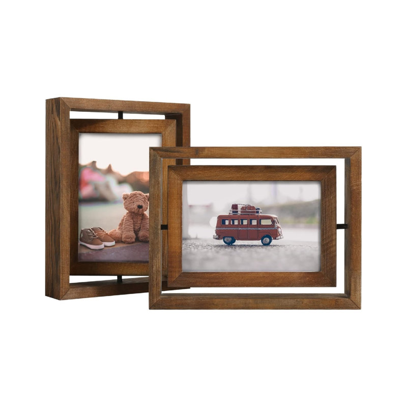 2 Pack Rotating Floating Picture Frames,Double-Sided Display with HD Glass Front, Brown