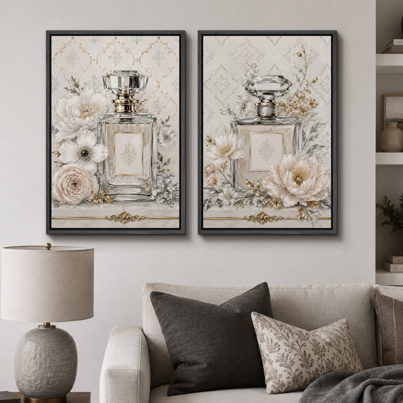 Élégante œuvre florale de bouteille de parfum, images de chambre à coucher, impression sur toile encadrée, 2 pièces