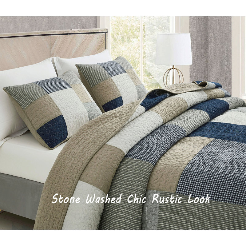 Navy and Beige Cotton Twin Reversible Quilt Set