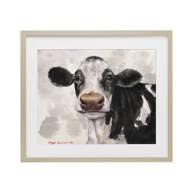 Jolie vache avec fond abstrait, reproduction sous verre, conception de George Dyachenko, Cadre de récolte en pin