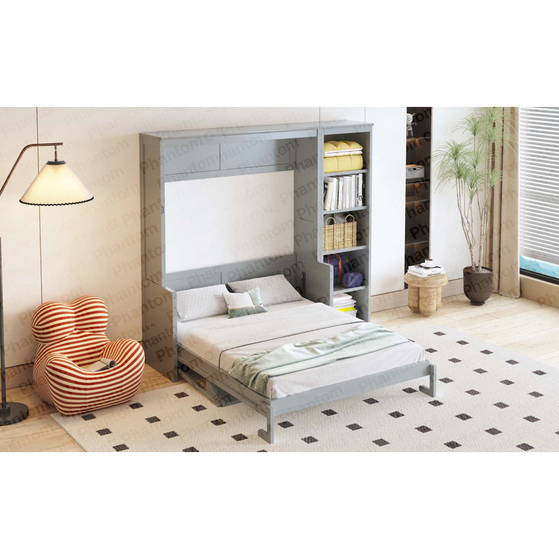 Lit escamotable double avec bureau et bibliothèque, gris, Gris, Lit double
