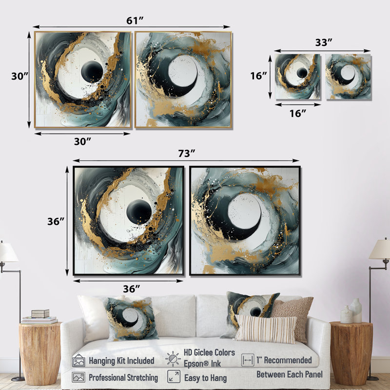 «Black Gold Yin and Yang Spiral Design III» - signe du zodiaque chinois - art mural moderne 2 pièces, H 16 po x l 33 po, Doré