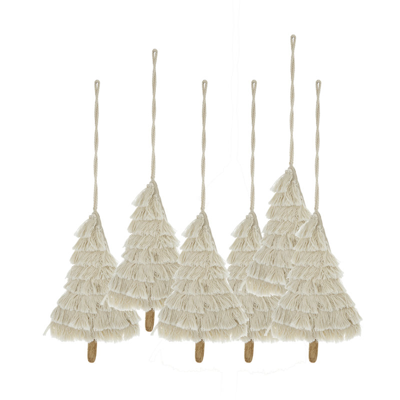 Fringes Embellished Tree Ornament, Cotton-Polyester Blend with Wooden Accents