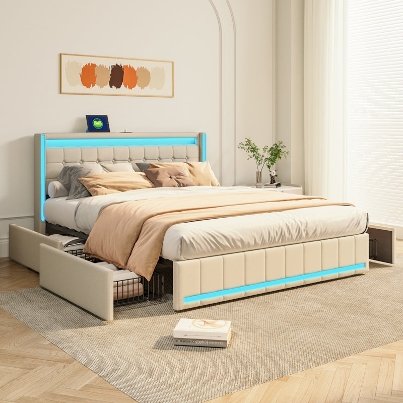 Upholstered Bed, Beige, European Kingsize (160 x 200 cm)