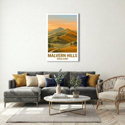 Malvern Hills, England - Romantic Travel Poster Of Rolling Ridges And Sunset Walks. Giclee Print On Wrapped Canvas. Wall Art, Home Decor - Natural Landmarks, England - Wrapped Canvas Print
