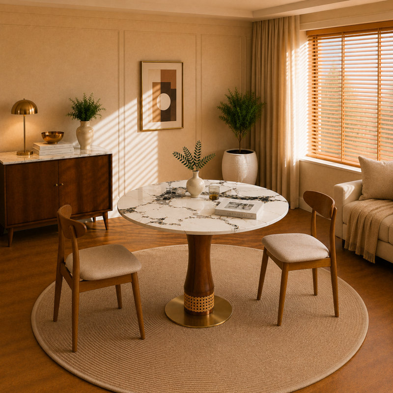 Table de salle à manger de 33,5 po avec pieds en pierre frittée et en bois d'hévéa, piédestal de designer en bois d'hévéa avec décorations en osier tressé à la main et base en acier inoxydable pour la cuisine, les appartements et les bistro