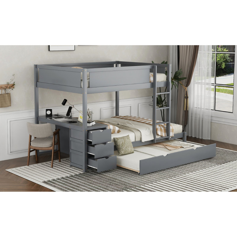 Lit superposé avec finition grise, lit gigogne simple et rangement de bureau, prises pour lit gigogne pratique, tiroirs cachés