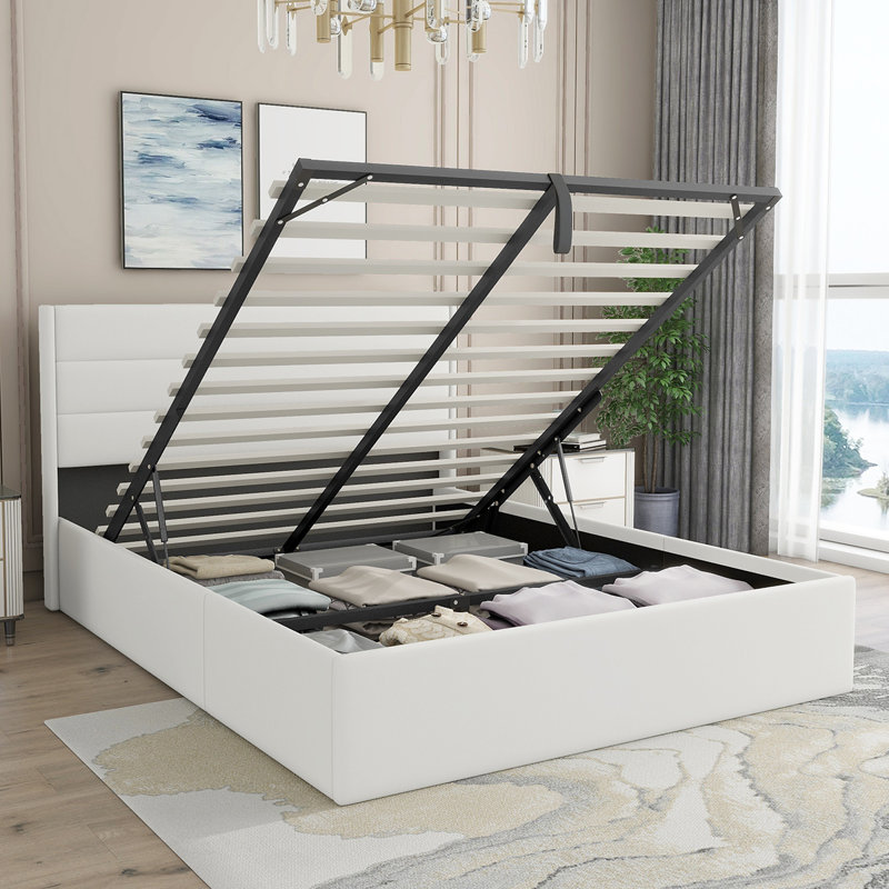 Denicolais Hydraulic Lift Up Upholstered Storage Bed with Wingback Headboard, Queen, Velvet Cream