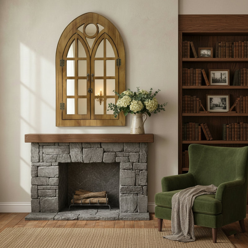 Vintage Arched Wall Mirror With Openable Shutters, Decorative Accent Mirror For Home, 36"H x 24"W, Brown
