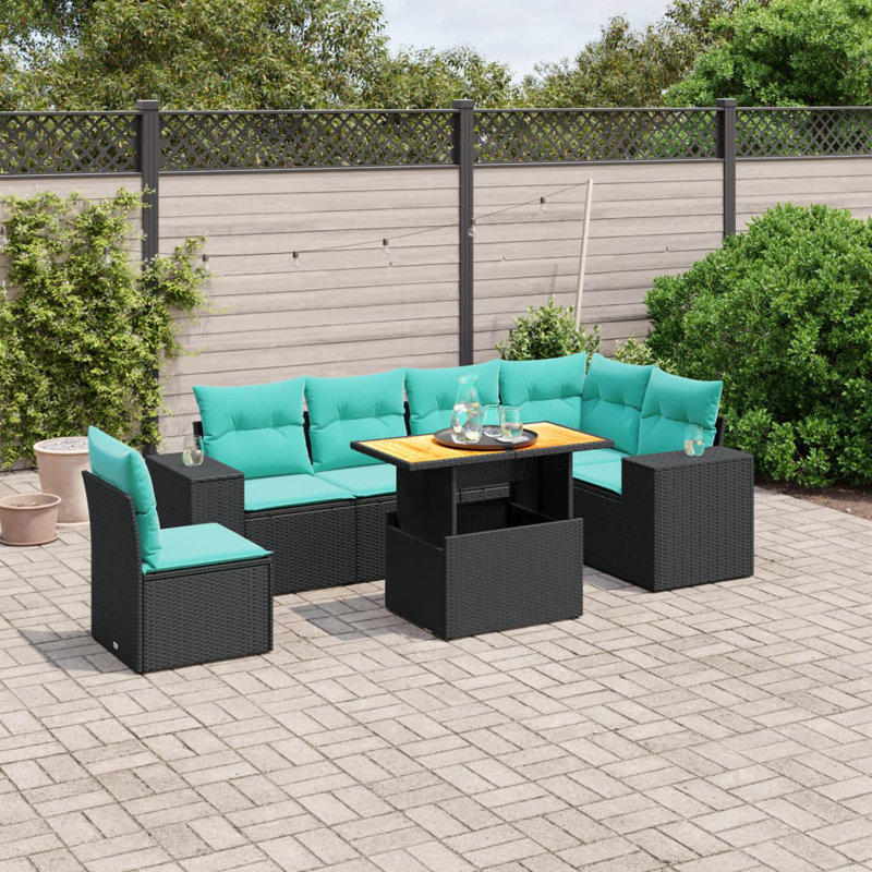  Ensemble de canapé de patio 7 pièces avec coussins en rotin de polyester, Noir, Vert