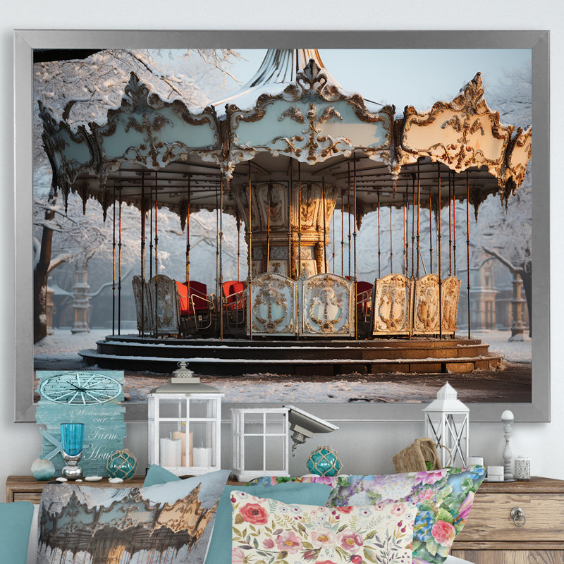 Carousel Winter Scenery In Paris sur impression sur toile, Cadre simple argenté, H 24 po x l 32 po x P 1 po