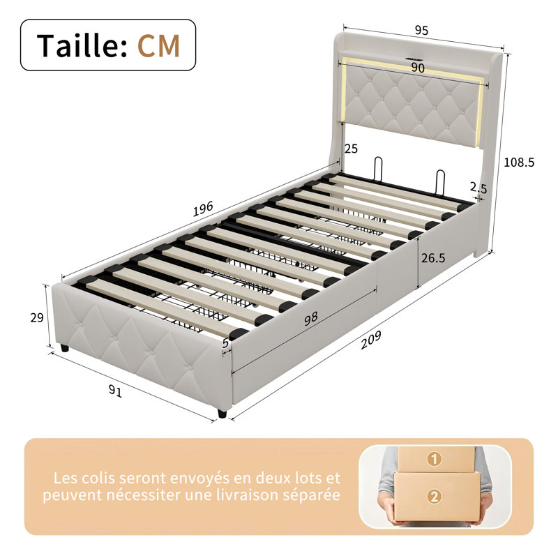 Upholstered Storage Bed, European Single (90 x 200 cm)