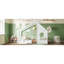 Lit plateforme simple, structure en forme de maison avec fenêtre intégrée et petite tablette, fabrication en bois aggloméré de pin, finition blanche