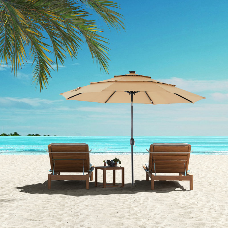 Parasol solaire de patio à 3 niveaux 10 pi avec 32 lumières DEL, parasol d'extérieur avec bouton poussoir inclinable et manivelle