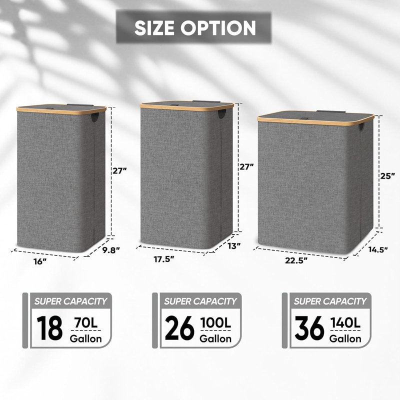 Panier à linge avec couvercle, grands paniers à linge avec poignées en bambou, grand panier à linge avec support interne (18 gallons / 70 L)