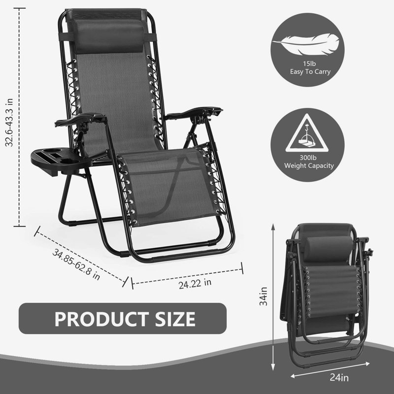 Zero Gravity Chairs, Outdoor Folding Patio Lounge Chairs For Outside Reclining Lawn Chairs Recliner, Black