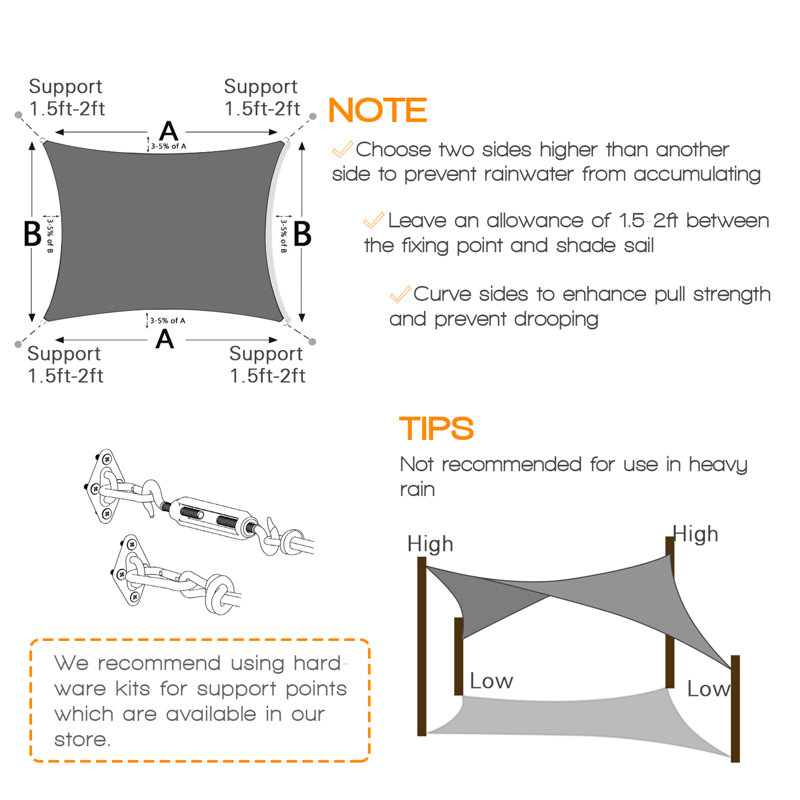 6'x9' Customize Rectangle Sun Shade Sail, Dark Grey