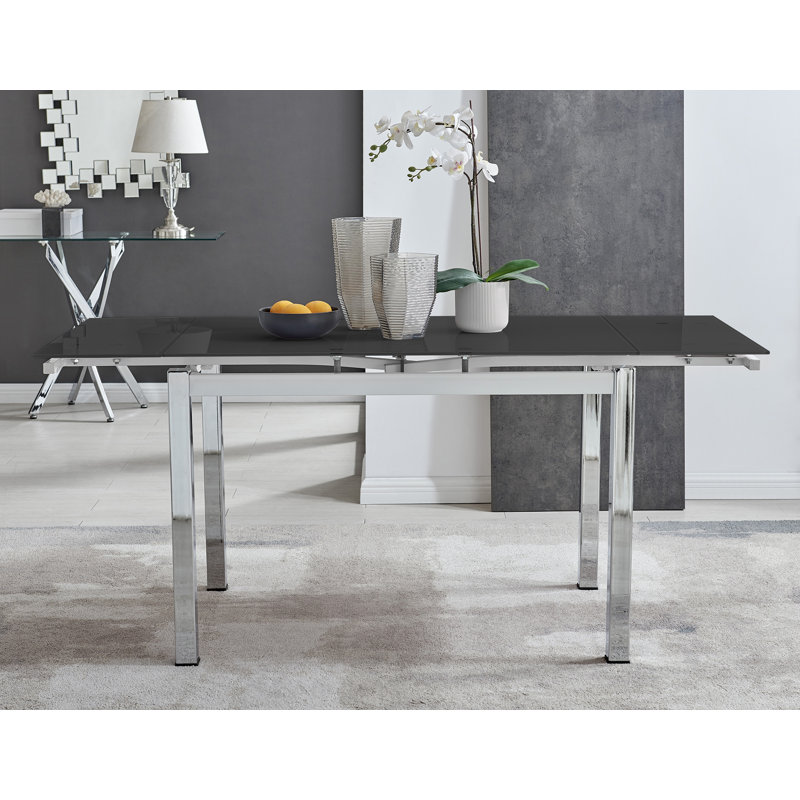 Enna Black Glass Extending Dining Table And 4 Navy Pesaro Silver Leg Chairs