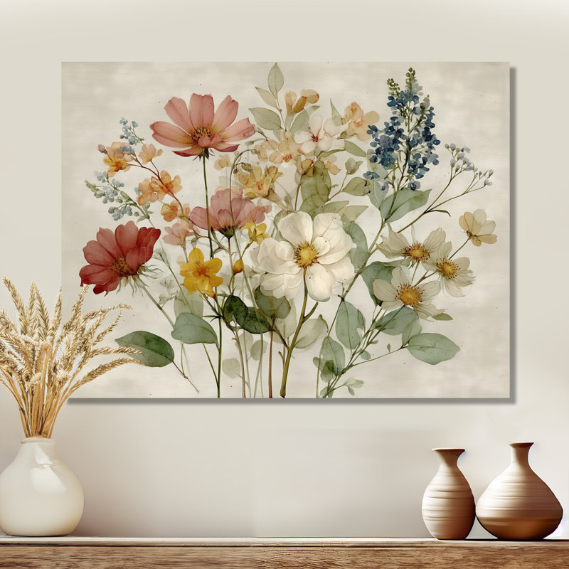 Bouquet de fleurs de campagne rétro - décoration murale, fleurs vertes encadrées, H 34 po x l 44 po, Toile tendue