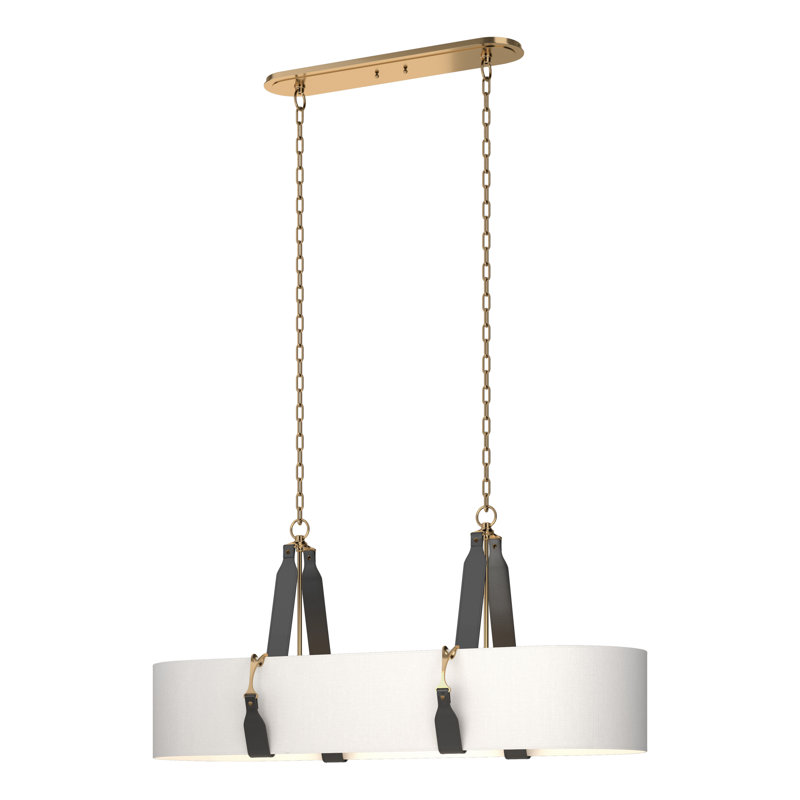 Saratoga 4 - Light Kitchen Island Linear Pendant, Natural Anna Shade, Polished Nickel, Black Leather