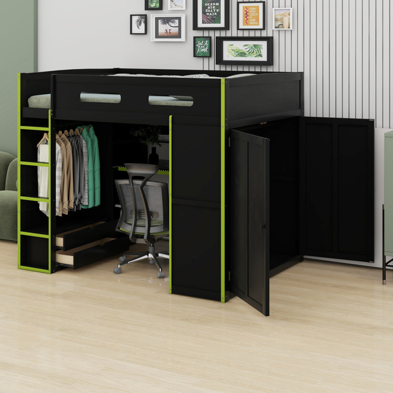 Lit mezzanine en bois avec bureau, garde-robe, grand espace de rangement et lumière DEL RVB, Vert / noir