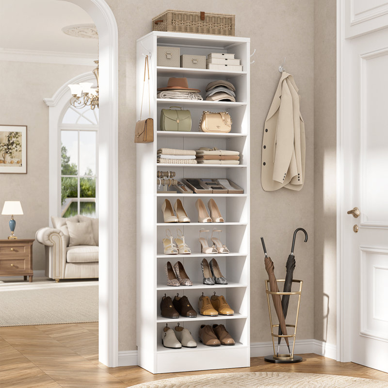 Shoe Storage Cabinet, 10 Tiers Narrow Wood Shoe Rack, White
