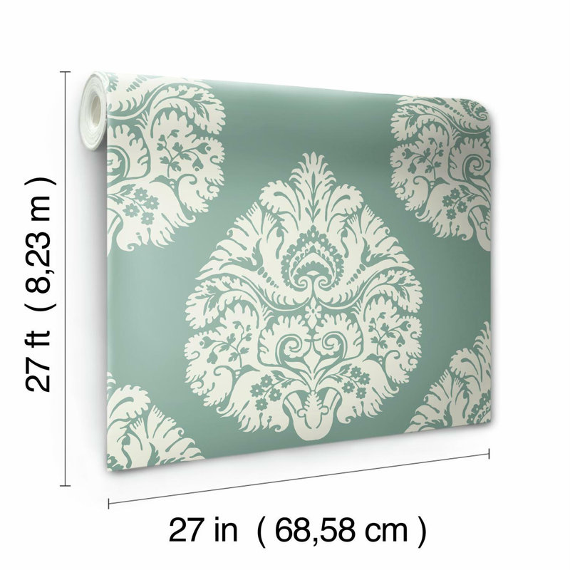 Rouleau de papier peint lisse 27 pi 27 po Teardrop Damask, Bleu sarcelle