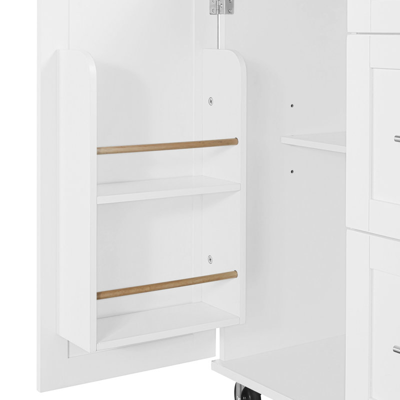 Îlot de cuisine classique avec rangement interne - 3 tiroirs, 2 tablettes coulissantes, étagère, blanc, bois d'hévéa, P 17 po x l 50 po