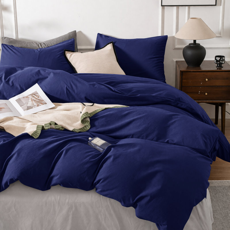 3-Piece Dyed Duvet Cover Set With Pillowcases, Navy, Double Duvet Cover + 2 Standard Pillowcases