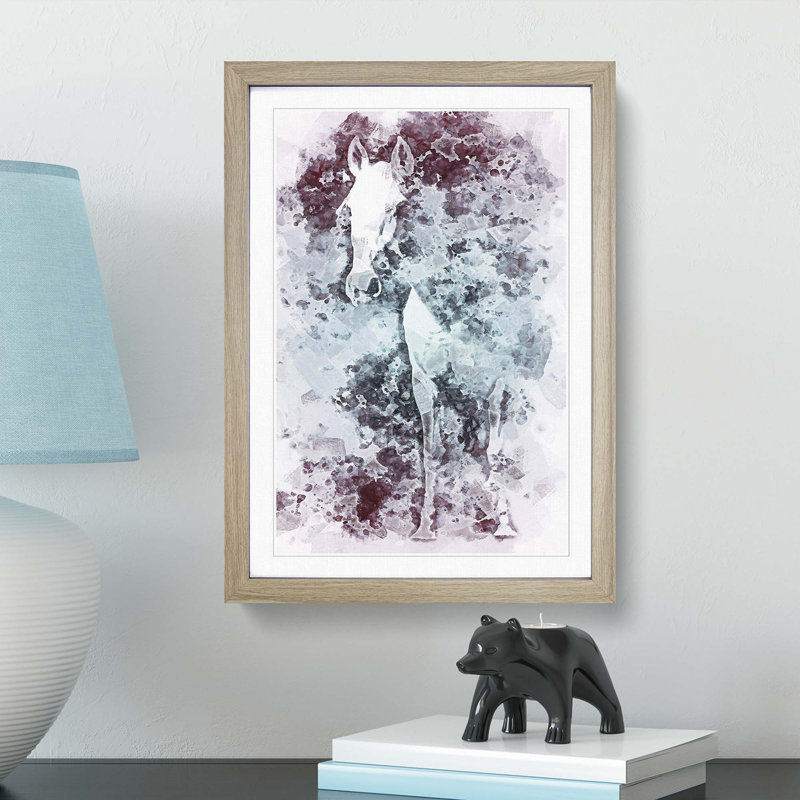White Horse in the Clouds in Abstract - Picture Frame Painting Print, 60cm H x 40cm W x 2cm D, Oak