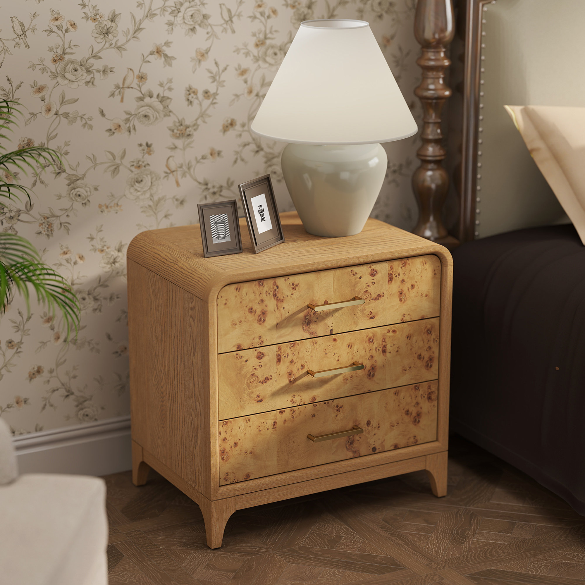 Adden Burl Wood 3-Drawer Nightstand, Oak