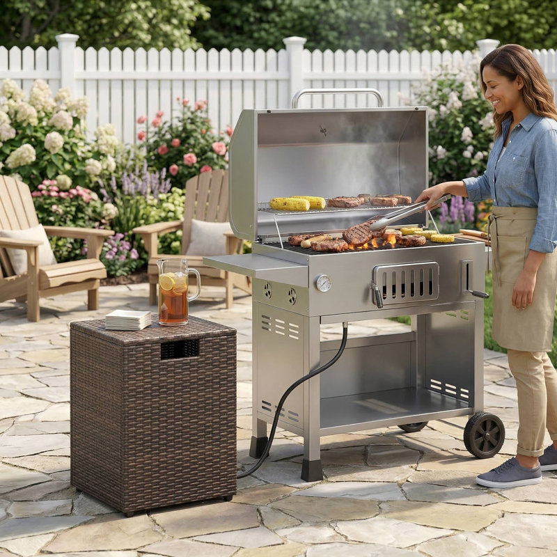 Heavy Duty Handwoven Rattan Patio Propane Tank Hideaway Cover Side Table With Stable Support Frame And Smooth Flat Tabletop For Backyard BBQ