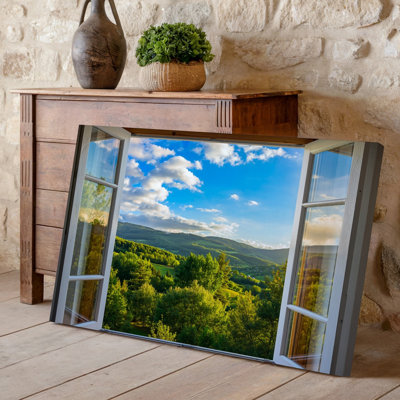 Toile, une scène pittoresque vue à travers une fenêtre blanche ouverte, art mural encadré par quatre panneaux présentant un paysage vibrant au-delà de la toile