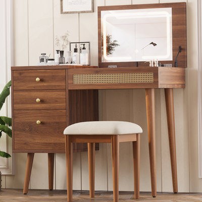 39 Inch Retro Bohemian Style Vanity Desk With Mirror, LED Lights, And Storage, Perfect For Makeup And Small Spaces