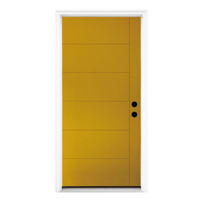 36 in. x 80 in. Right-Hand Flush Yellow Finish Fiberglass  Front Door with Threshold, Hinges